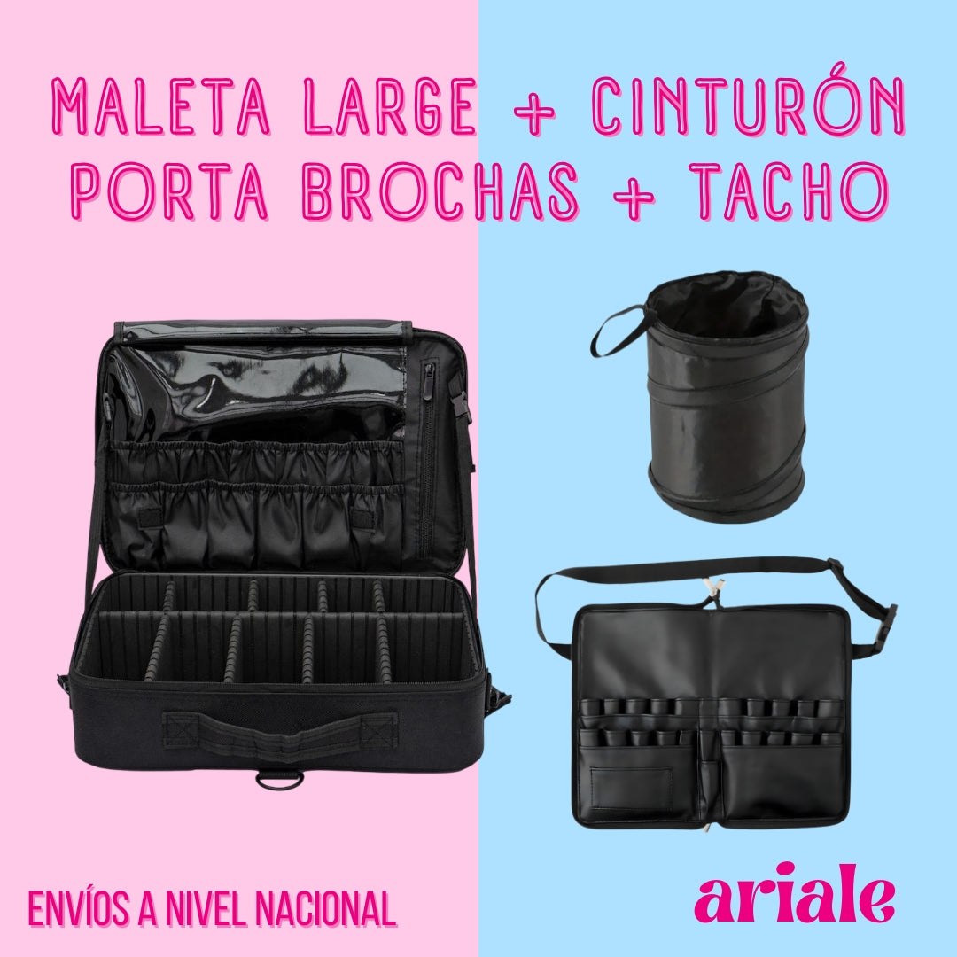 Maleta De Maquillaje Large + Cinturón Porta Brochas + Tacho Plegable